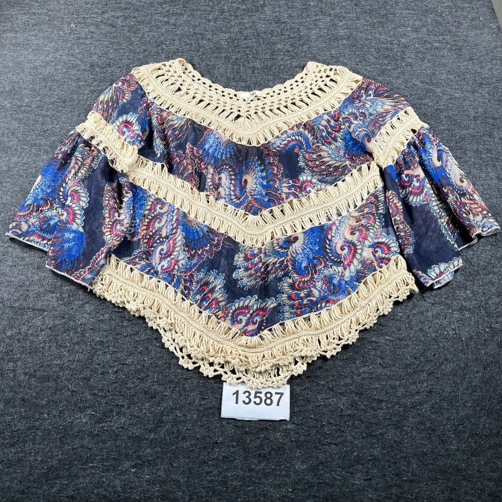 YA Los Angeles Poncho Top Women Medium Blue Silk Paisley Crochet Boho Scoop Neck
